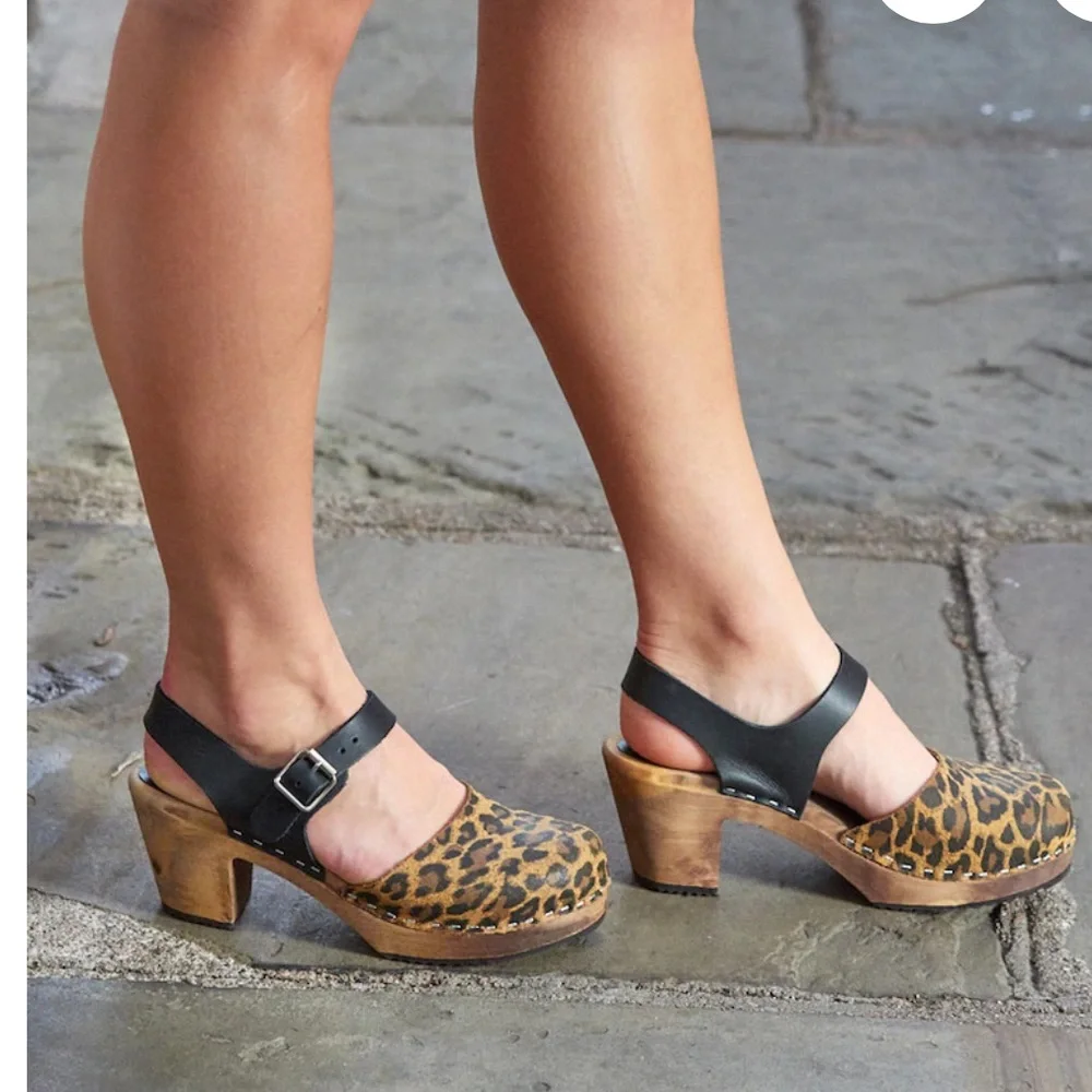 Sanita Calf Hair Animal Hair Leopard Sling Back Clogs Size 38